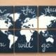 World Map Canvas . Oh The Places You Will Go . 6 - 12x12's . Custom Colors . Hand Painted . Original . Dark Charcoal Gray Grey, Orange, Blue