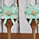 Aqua Blue Wedding Champagne Glasses Bride Groom Flutes Tosting Rustic Country Barn Burlap Lace Bridal Shower Gift Chic