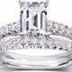 Emerald Cut Diamond Solitaire Engagement Ring/ Wedding Band Set With Pave'd Bands. Set In Rhodium Plated Sterling
