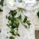Luxurious fern and ivy cascade bouquet, lilies, ranunculus, peony, real touch calla lily, rose and hydrangea, boutonniere and bridal bouquet