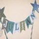 Personalized Cake Bunting Banner Topper, White, Silver Glitter and Blue Card Stock with Glittery Stars on White and Blue Paper Straws