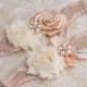 Rose Gold Wedding Garter Set,  Blush Bridal Garter Set, Lace Garter Set - Champagne Lace, Cream and Blush Flowers