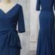 2016 Midnight Blue Bridesmaid dress with a Train, V neck Prom dress, Long Wedding dress, Cocktail dress, Formal dress floor length (F051)