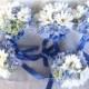 White gerbera and blue hydrangea wedding bouquet set