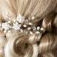 White hair pin, Bridal hair accessories, Pearl hair pins, Crystal hair accessory, Wedding hair pin, bridal hair flowers, Silver hair pins.