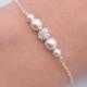 Set of 7 Pearl and Rhinestone Bracelets, 7 Bridesmaid Bracelets, Pearl and Crystal Bracelets, Floating Pearl, Sterling Silver Chain 0224