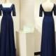 Navy Blue Bridesmaid Dress with Sleeves  Long Chiffon Elegant Evening Dress Lace Short Sleeves Formal Gown Prom Dress