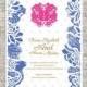 DIY Printable Chinese Wedding / Celebration Invitation Card Template Instant Download_Blue Lotus Chinese Wedding Painting 喜喜Double Happiness