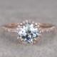 Round 7mm Aquamarine Engagement ring,Diamond wedding band,14K Rose Gold,Blue Gemstone Promise Ring,Bridal Ring,Claw Prongs,Halo,anniversary