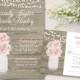 Rustic Mason Jar Wedding Invitation Set - Country Blush Pink Peony Baby's Breath 