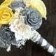 Custom Handmade Wedding Bouquet -Yellow Gray Ivory Bridal Bouquet, Keepsake Bouquet, Elegant Wedding