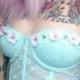 Pastel Mint Lace Crop Bustier Embellished With Small Pale Pink And White Flowers And Silver Spikes