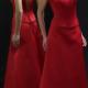 Floor Length Red Satin Ruched Strapless Lace Up