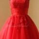 Red tea lenghth ball gown vintage lace wedding dress with corset back