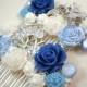 Vintage White Blue Bridal Hair Combs - Something Old