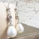 White Wedding Crystal Teardrop Pearl Earrings - June - Weddings by Split Personality Design