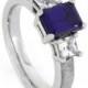 Blue Sapphire Engagement Ring Flanked by White Sapphires set on White Gold Ring inlaid with Meteorite