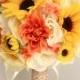 17 Piece Package Wedding Bridal Bouquet Silk Flowers Bouquets CORAL YELLOW SUNFLOWER Ivory Orange Rustic Burlap Lace "Lily of Angeles ORYE06
