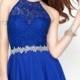 Lovely 2016 Sapphire Short Lace Halter Thin Strappy Open Back Prom Dress