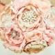 Fabric flower brooch bouquet . Vintage Wedding . Optional feather trim . Pink ivory champagne peony roses in ANY COLOR