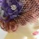 Bridal Purple Hair Flower with Birdcage veil, Birdcage veil with hair flower, Purple flower with feathers, Side pouf birdcage veil, Vintage