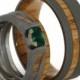 Wedding Ring Set featuring Oak Wood and Sandblasted Titanium, Wood Wedding Bands and Emerald Engagement Ring