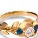 Leaves Engagement Ring, 18K Yellow Gold engagement ring, Three stone ring, sapphire ring, 3 Stone Ring, leaf ring, September Birthstone, 8