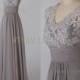 Gray bridesmaid dress,Chiffon prom dress,Floor-length formal dress,A-line party dress,V-neck evening dress,Lace applique women's dress
