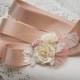 Wedding Sash; OOAK Bridal Sash; Flower Sash; Blush Champagne Satin; Lace; Pearls; Bridal Belt; Wedding Belt; Handmade; Maternity Sash; SF001
