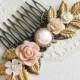 Blush Flower Pastel Wedding Comb Soft Pink Cream Hair Slide Gold Leaf Comb Elegant Bridesmaid Comb Romantic Maid of Honor Hair Pin Gift