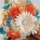 Silk BROOCH Bouquet, ON SALE, Turquoise Blue Coral  Wedding, Real Touch Roses, Cascade Wedding Bouquet, Ready To Ship