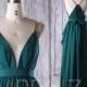 2016 Dark Green Bridesmaid Dress, V Neck Ruched Wedding Dress, Gold Spaghetti Straps Prom Dress, A Line Evening Gown Floor Length (H276)