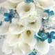 Calla lily and hydrangea cascading wedding bouquet set with turquoise cosmos and gem accents
