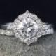 Forever Brilliant Diamond Halo Cushion Cut Engagement Ring - Leaf Miligrain Wedding Band