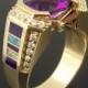 Australian opal inlay ring with sugilite, diamonds and amethyst