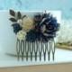 Navy Blue Comb, Something Blue, Ivory and Gold Comb, Blue and Gold Comb, Unique Flower Comb. Fall Rustic Wedding. Navy Blue and Gold Wedding