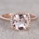 8x8mm Morganite Engagement ring Rose gold,Diamond Halo,Plain gold wedding band,14k,Cushion Cut,Gemstone Promise Bridal Ring,Claw Prongs