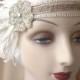 1920s flapper headdress or edwardian headband with flower of antique beads with ivory and brown feathers - estella - made to order