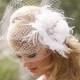 Wedding Headpiece - Ivory White Birdcage Veil - Flower Hair Accessory - Blusher Veil - Pearl Brial Accessory - Feather Fascinator
