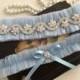 wedding garter set, blue tulle bridal garter set, blue bow, rhinestone