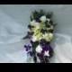 Cascading galaxy orchid bridal bouquet, green hydrangeas, singapore orchid, island orchid, real touch roses, purple blue orchids