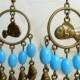 Chandelier Earrings with Fish and Shells, Brass Tone Earrings with Azure Glass Beads, Summer Earrings, Boho Earrings, Long Sea Earrings