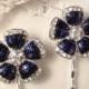 Vintage Hair Pins Navy Blue & Clear Rhinestone Silver Bridal Clip Pair, Art Deco Sapphire Flower Bobby Pins Set 2 Combs, Bridesmaids Gifts
