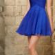 Chiffon Short Length Sweetheart Ruched Crystals Open Back A-line Blue Sleeveless