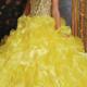 Crystals Tulle Ruffled Lace Up Straps Floor Length Ball Gown Yellow Sleeveless