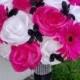 Hot Pink White Black Rose Bridal Bouquet 2 Piece Set, Hot Pink White Bouquet Hot Pink Black Wedding Bouquet, Pink Black Bouquet