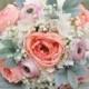 Silk Wedding Bouquet Made With Coral Roses, Pink Ranunculus, Ivory Hydrangea And Babies Breath Silk Flower Wedding Bouquet