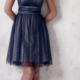 Halter Open Back Navy Tulle A-line Sleeveless Ruched Knee Length