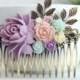 Purple Flower Large Comb, Purple Wedding, Lavender, Pink, Mint, Green, Ivory, Leaf LARGE Hair Comb. Bridesmaid Gift Comb, Lavender Hair Clip
