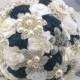 Brooch Bouquet, Navy Blue, Ivory, Cream, White, Vintage Style, Elegant Wedding, Fabric,Jeweled, Bridal Bouquet,Pearls,Lace, Crystals, Gatsby